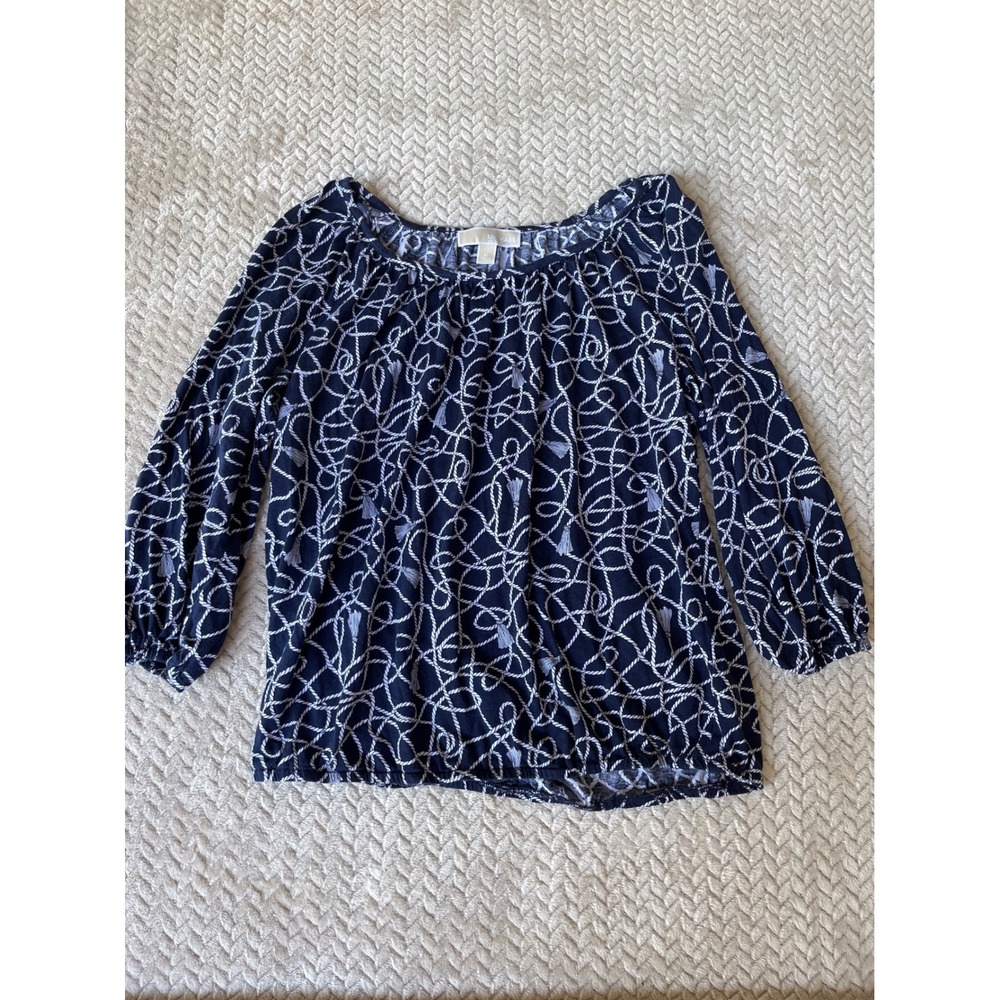 Michael Michael Kors Navy Blue Rope Tassel Print Peasant Blouse Top Medium